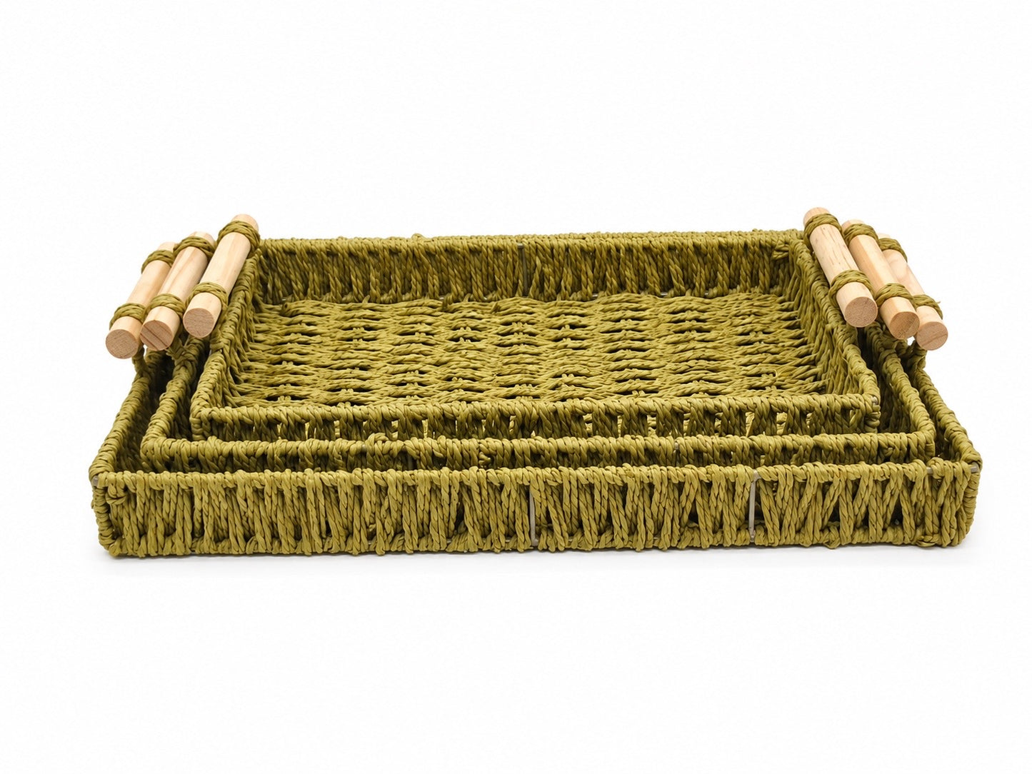 Green Rafia Tray Wooden Handle (Set of 3)