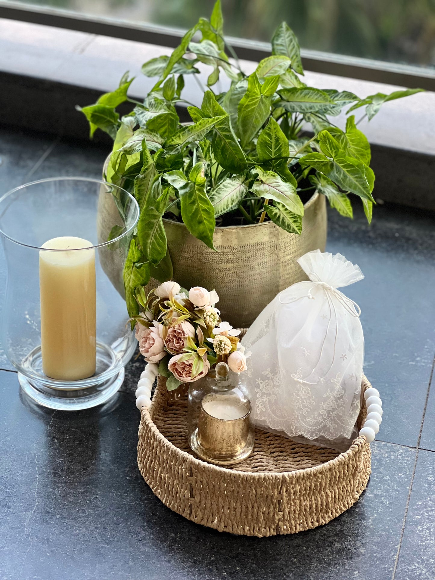 Ivory Rafia Basket with beads