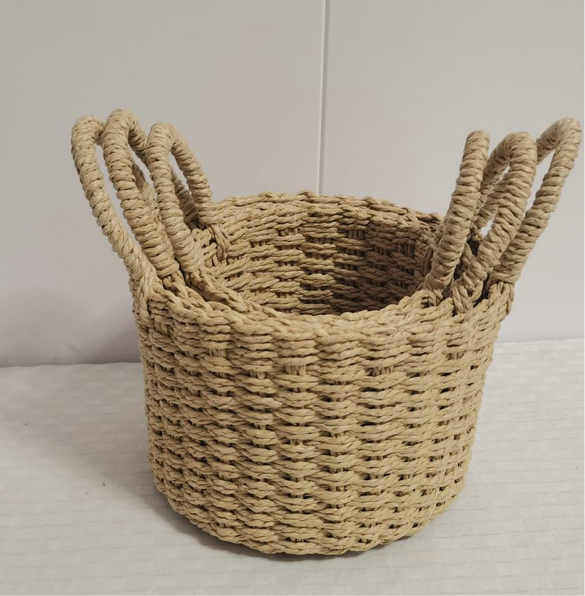 Rafia Knitted Baskets Round with Handle (Set of 3 )