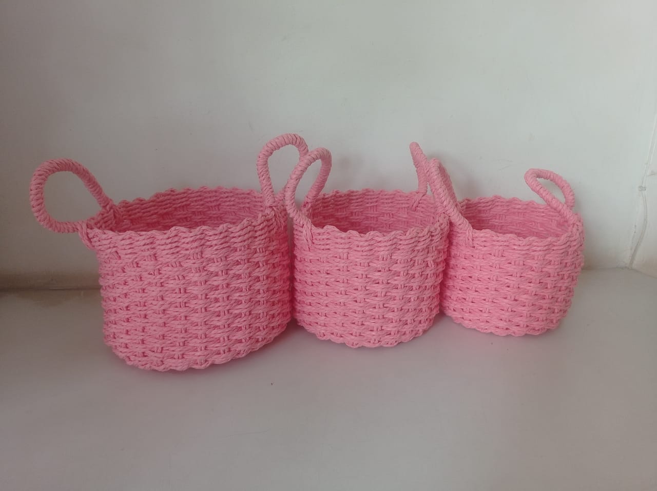 Rafia Knitted Baskets Round with Handle (Set of 3 )