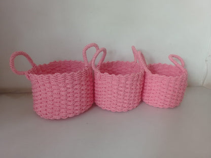 Rafia Knitted Baskets Round with Handle (Set of 3 )