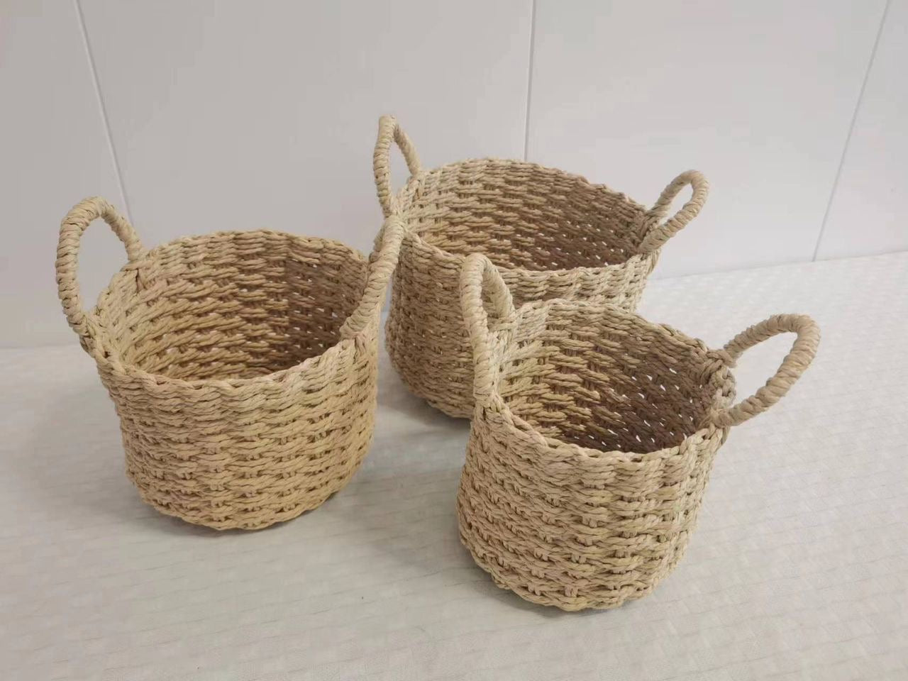 Rafia Knitted Baskets Round with Handle (Set of 3 )