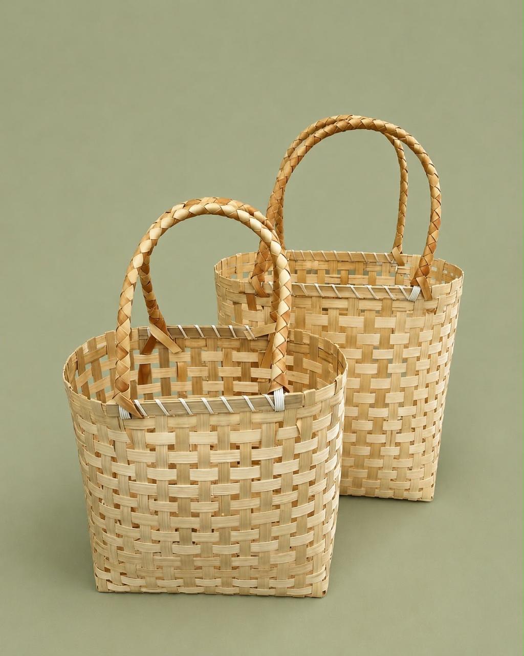 Straw Bamboo Handle Basket (Set of 2)
